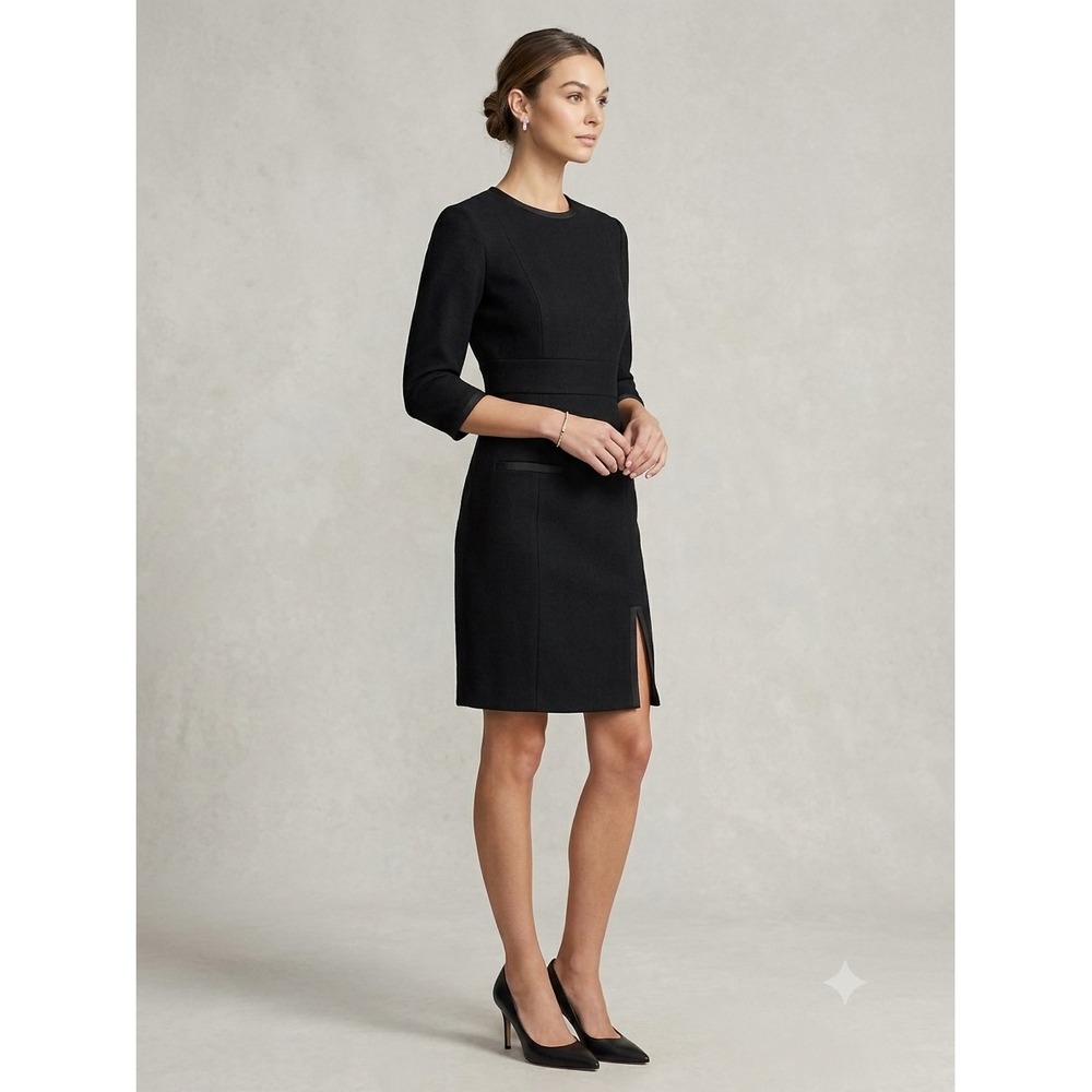Carven Black Wool Sheath Dress 3/4 Sleeve Front Slit Satin-Trimmed Pocket 38